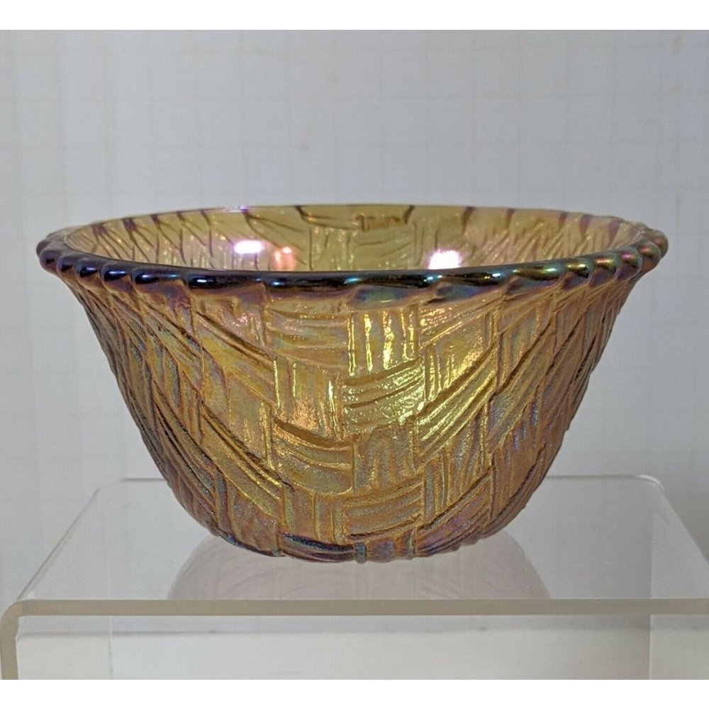 Vtg Indiana Glass 4.5" CARNIVAL GLASS BOWL Iridescent Marigold Basket Weave EUC